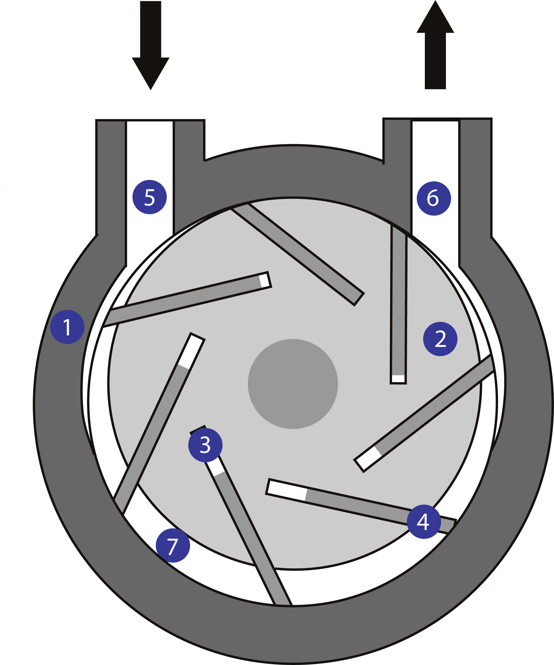 Diagram showing air pulled into the inlet of a rotary vane pump chamber, with vanes protruding from the off-center rotor. This creates a gap between the rotor and housing on one side, and as the vane spin, they push air into the gap and around to the outl